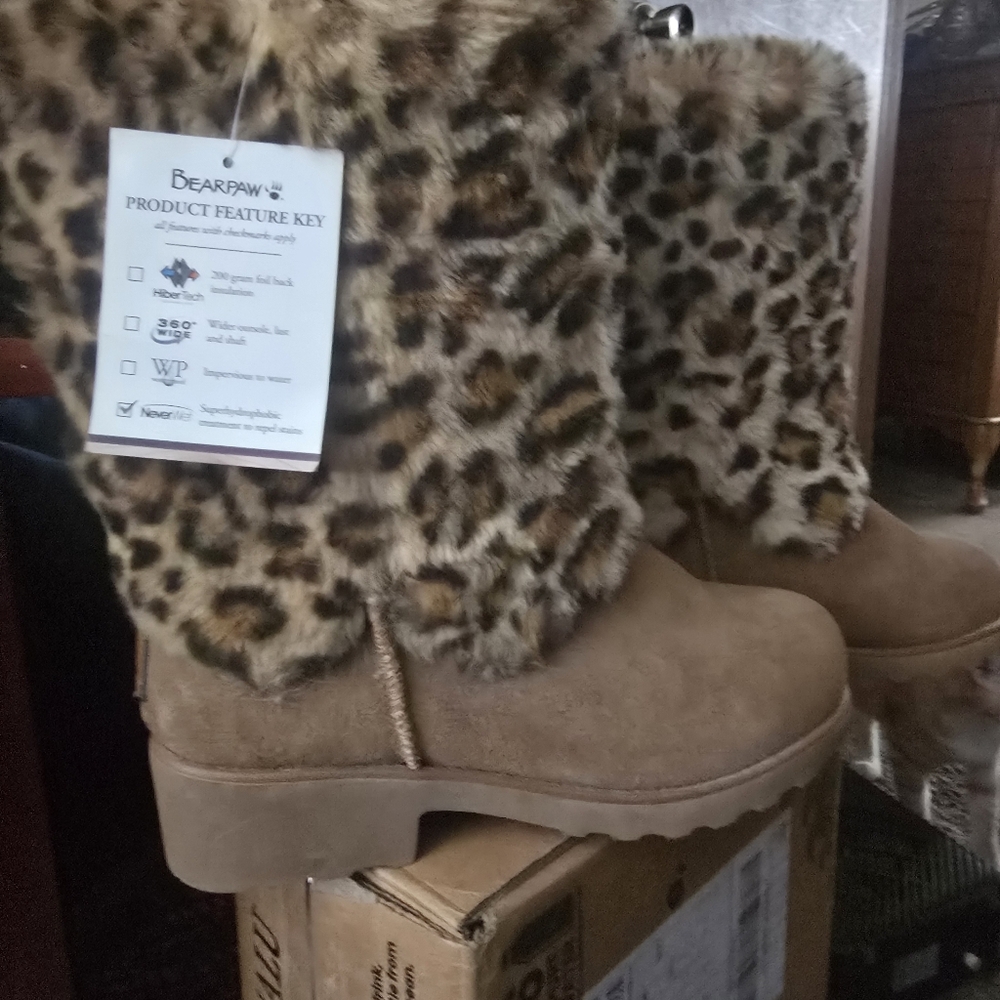 Bearpaw Leopard Print Faux Fur Boots